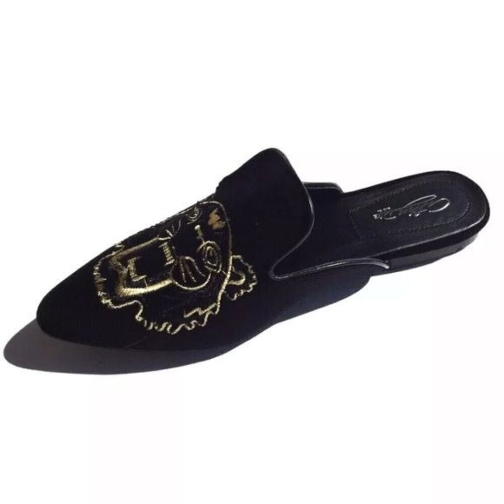 Cathy Din Bravia Embroidered Black Flat Mules Size 7